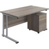 Twin Rectangular Desk with 3 Drawer Pedestal, Grey Oak/Silver, 1400mm x 800mm thumbnail-0