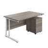 Twin Rectangular Desk with 3 Drawer Pedestal, Grey Oak/White, 1400mm x 800mm thumbnail-0