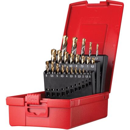 A088, A022, Stub Drill Set, 1mm to 10.5mm, Metric, High Speed Steel, TiN Tipped, Set of 24