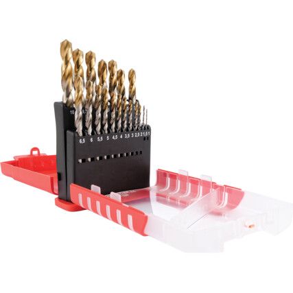 A087, No.201, Jobber Drill Set, Standard Length, Gauge, High Speed Steel, Tin-Tipped, Set of 19