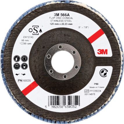 566A, Flap Disc, 65035, 125 x 22.23mm, Conical (Type 29), P80, Zirconia