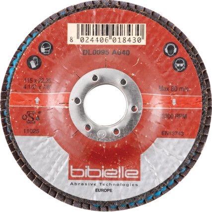 Flap Disc, DL0095, 115 x 22.23mm, Conical (Type 29), P40, Aluminium Oxide