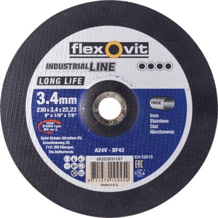 Grinding Disc, Industrial Line, 24-Coarse, 230 x 3.4 x 22.23 mm, Type 42, Aluminium Oxide