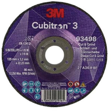 Cubitron 3 Cut & Grind Disc 93498, 36, 125 x mm, 22.23 x mm, Type 27