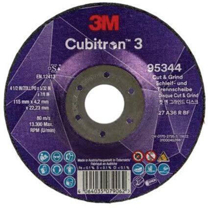 Cubitron 3 Cut & Grind Disc 95344, 36, 115 x mm, 22.23 x mm, Type 27