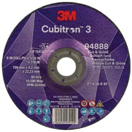 Cubitron 3 Cut & Grind Disc 94888, 36, 150 x mm, 22.23 x mm, Type 27