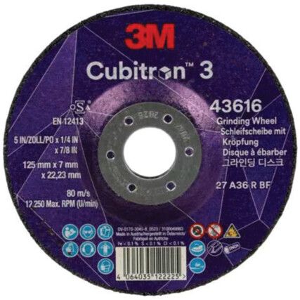 Cubitron 3 Grinding Wheel 43616, 36+,  T27, 125mm x 7mm x 22.23mm