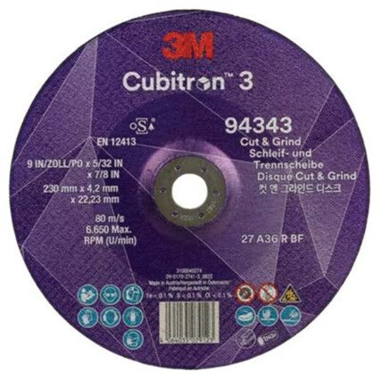 Cubitron 3 Cut & Grind Disc 94343, 36, 230 x mm, 22.23 x mm, Type 27