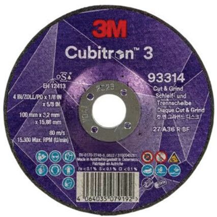 Cubitron 3 Cut & Grind Disc 93314, 36, 100 x mm, 15.88 x mm, Type 27