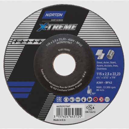 Cutting Disc, X-Treme, 36-Medium, 115 x 2.5 x 22.23 mm, Type 42, Aluminium Oxide