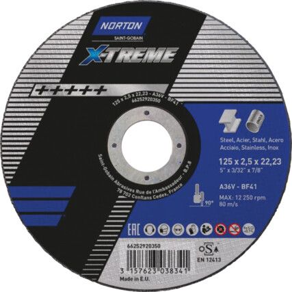 Cutting Disc, X-Treme, 36-Medium, 125 x 2.5 x 22.23 mm, Type 41, Aluminium Oxide