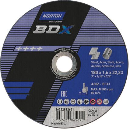 Cutting Disc, BDX, 46-Fine/Medium, 180 x 1.6 x 22.23 mm, Type 41, Aluminium Oxide