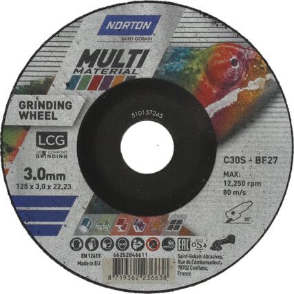 MULTIMATERIAL DEPRESSED CENTRE GRINDING DISC 125X3X22.23mm (PK-10)