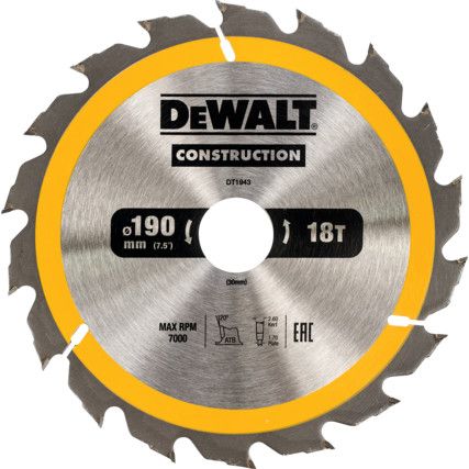 DT1943-QZ CONSTRUCTION CIRC SAW BLADE 190mmx30mmx18T (AC)