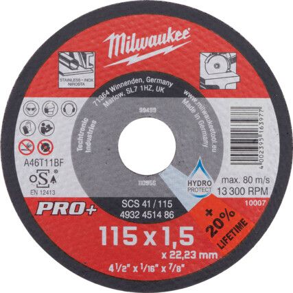 Cutting Disc, 46-Fine/Medium, 115 x 1.5 x 22.23 mm, Type 41, Aluminium Oxide