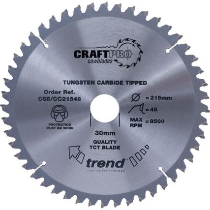 CSB/CC21648 TCT CraftPro Mitre Saw Crosscut Blade,  Negative Hook for a Med/Fine Finish in Wood Based Materials. 216 30mm x 48T