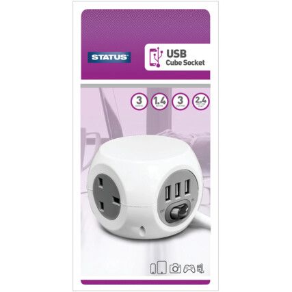 Cube Plug Socket Adaptor - 3 way with 3 USB Ports
