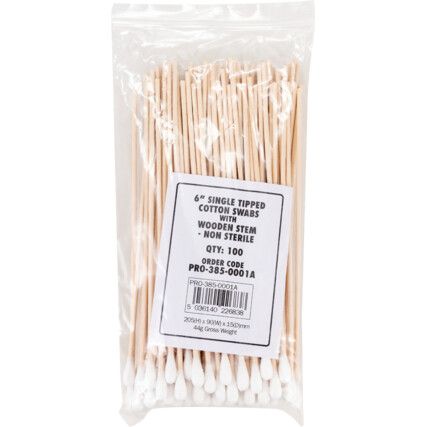 6" SINGLE HEAD COTTON SWABS WOODEN N/STERILE (100)