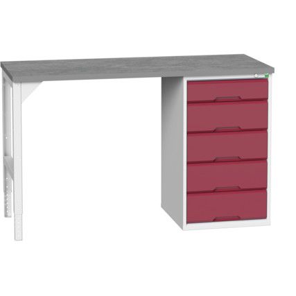 Verso Pedestal Bench 1500 x 600 x 930mm 5 Drawers - Light Grey/Red