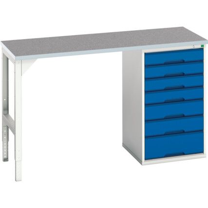 Verso Pedestal Bench 1500 x 600 x 930mm 7 Drawers - Light Grey/Blue