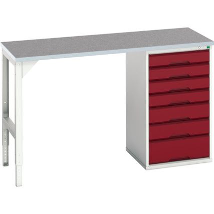 Verso Pedestal Bench 1500 x 600 x 930mm 7 Drawers - Light Grey/Red