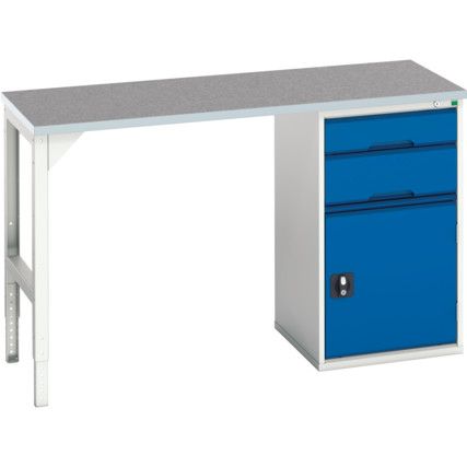 Verso Pedestal Bench 1500 x 600 x 930mm 2 Drawers and 1 Cupboard - Light Grey/Blue