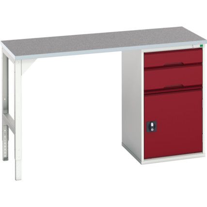 Verso Pedestal Bench 1500 x 600 x 930mm 2 Drawers and 1 Cupboard - Light Grey/Red