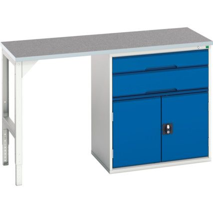 Verso Pedestal Bench 1500 x 600 x 930mm 2 Drawers and 1 Cupboard - Light Grey/Blue