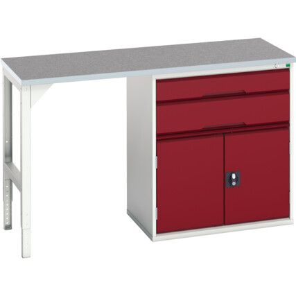 Verso Pedestal Bench 1500 x 600 x 930mm 2 Drawers and 1 Cupboard - Light Grey/Red