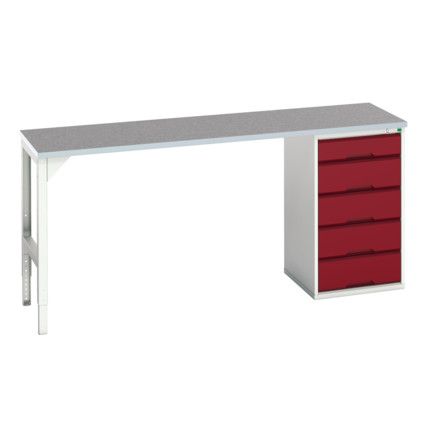 Verso Pedestal Bench 2000 x 600 x 930mm 5 Drawers - Light Grey/Red