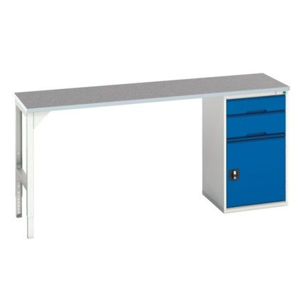 Verso Pedestal Bench 2000 x 600 x 930mm 2 Drawers and 1 Cupboard - Light Grey/Blue