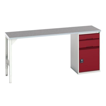 Verso Pedestal Bench 2000 x 600 x 930mm 2 Drawers and 1 Cupboard - Light Grey/Red