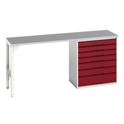 Verso Pedestal Bench 2000 x 600 x 930mm 7 Drawers - Light Grey/Red