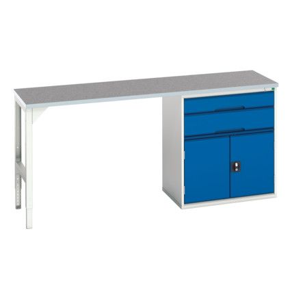 Verso Pedestal Bench 2000 x 600 x 930mm 2 Drawers and 1 Cupboard - Light Grey/Blue