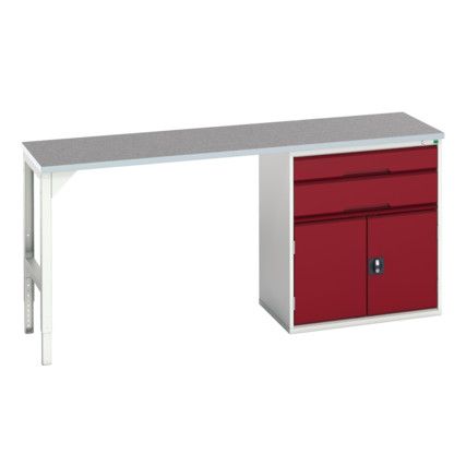 Verso Pedestal Bench 2000 x 600 x 930mm 2 Drawers and 1 Cupboard - Light Grey/Red