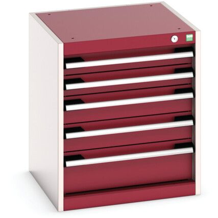 Cubio Drawer Cabinet, 5 Drawers, Light Grey/Red, 600 x 525 x 525mm