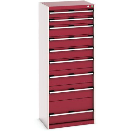 Cubio Drawer Cabinet, 9 Drawers, Light Grey/Red, 1600 x 650 x 525mm