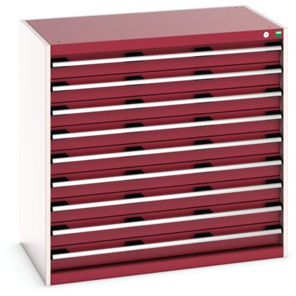 Cubio Drawer Cabinet, 9 Drawers, Light Grey/Red, 1000 x 1050 x 650mm