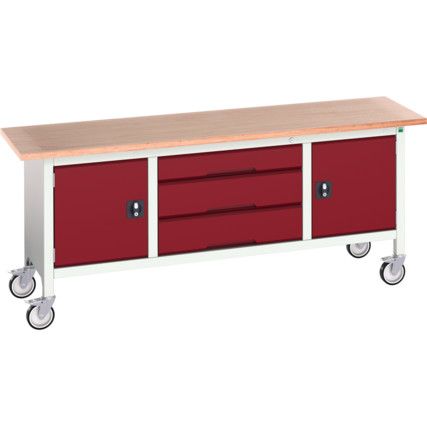 Verso Mobile Storage Bench  2000 x 600 x 830mm - Light Grey/Red