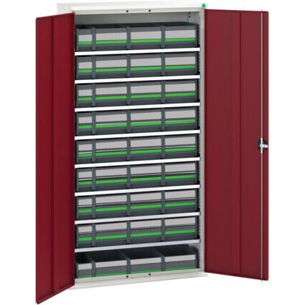 VERSO BIN CUPBOARD WITH 8 SHELVES AND 36 BOTTBOXES GREY/RED