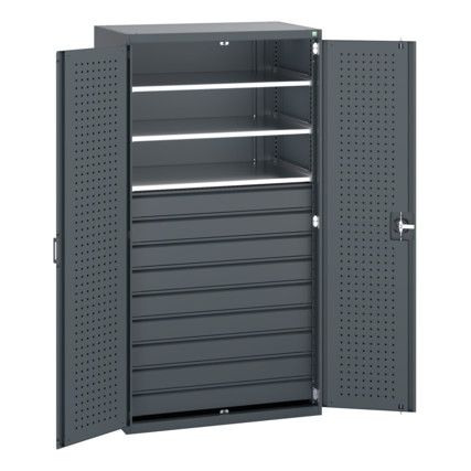 40021114.77V CUPBOARD 9 DRAWERS 3 SHELVES 75KG UDL SHELF DARK GREY