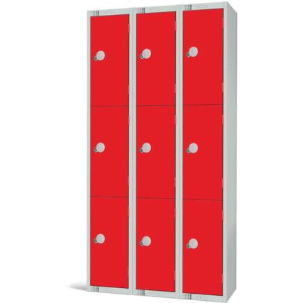 Compartment Locker, 9 Doors, Red, 1800 x 300 x 300mm, Nest of 3