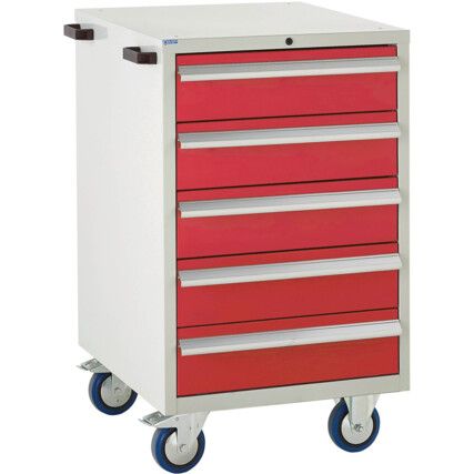 Euroslide Mobile Storage Cabinet, 5 Drawers, Red, 980 x 600 x 650mm