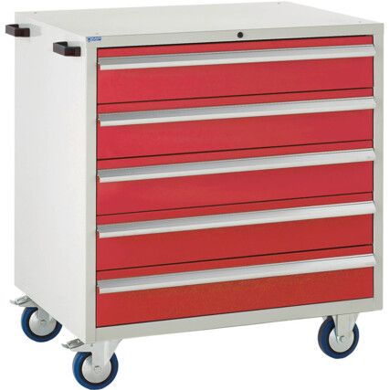 Euroslide Mobile Storage Cabinet, 5 Drawers, Red, 980 x 900 x 650mm