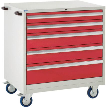 Euroslide Mobile Storage Cabinet, 5 Drawers, Red, 980 x 900 x 650mm