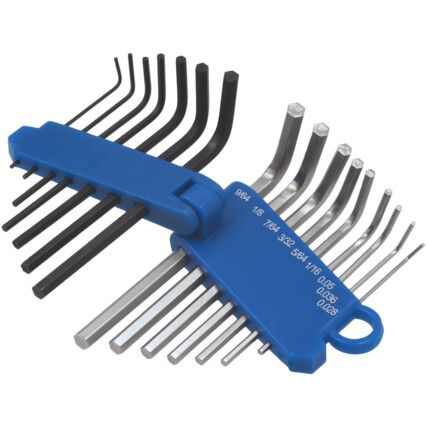 Hex Key, L-Handle, Hex, Metric/Imperial, 0.7-3mm, 0.028-9/64", 16-piece