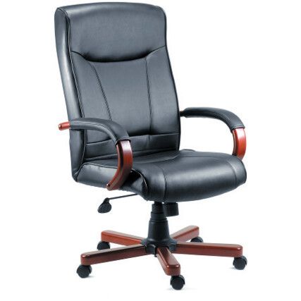 EXECUTIVE HIGH BACKED LEATHER CHAIR WOODEN ARMS 