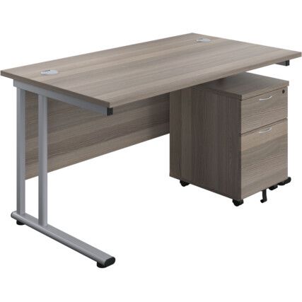 Rectangular Desk with 2 Drawer Pedestal 1400mm x 800mm Grey Oak/Silver