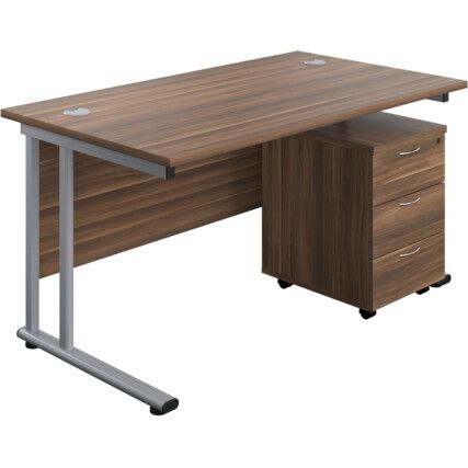 Twin Rectangular Desk with 3 Drawer Pedestal, Walnut/Silver, 1400mm x 800mm