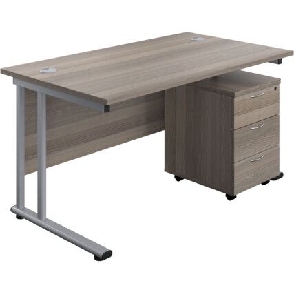 Twin Rectangular Desk with 3 Drawer Pedestal, Grey Oak/Silver, 1400mm x 800mm